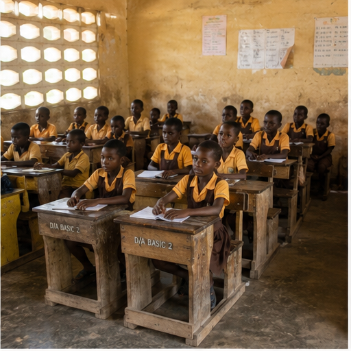 Pupils seated in a classroom at wooden desks