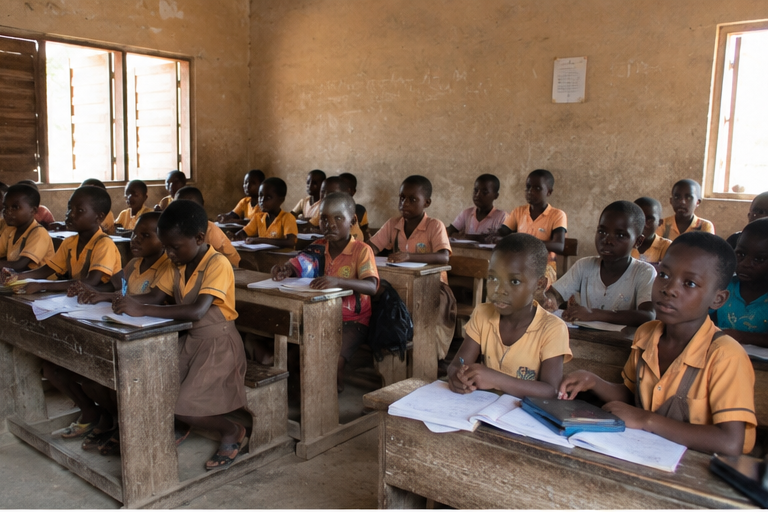 Pupils seated at wooden desks in a classroom in Sekondi / Takoradi
