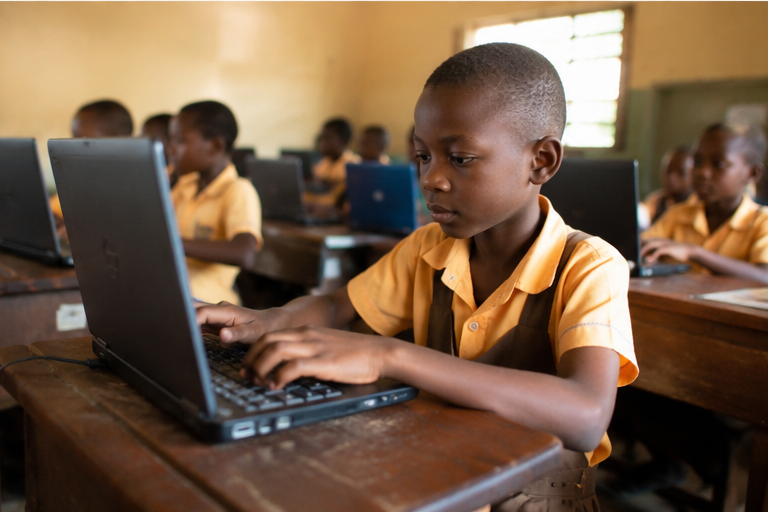 A pupil using a laptop in class