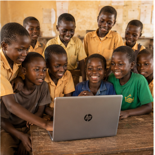 Children gathered around a laptop